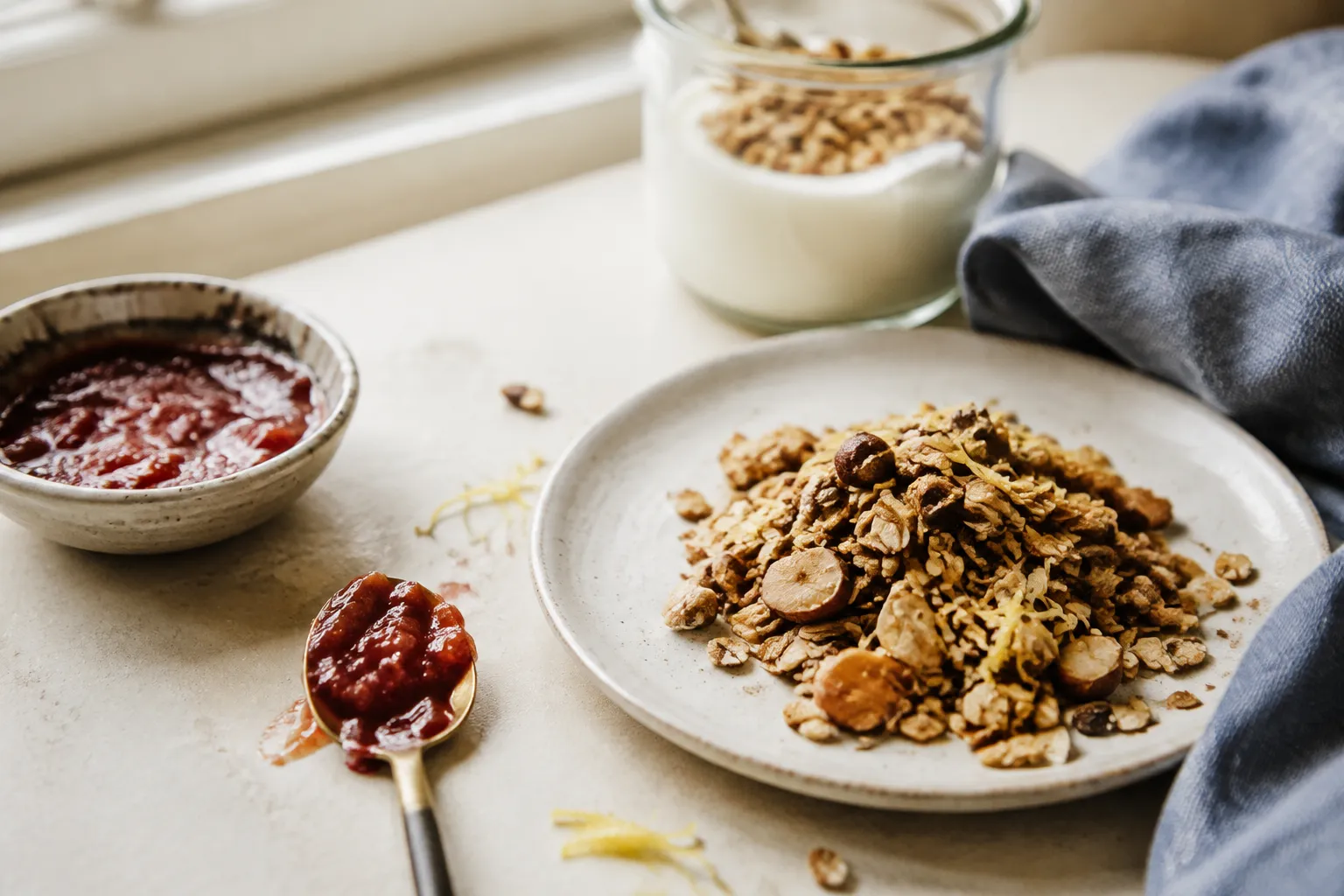 Granola and fruit preserves arranged in morning light