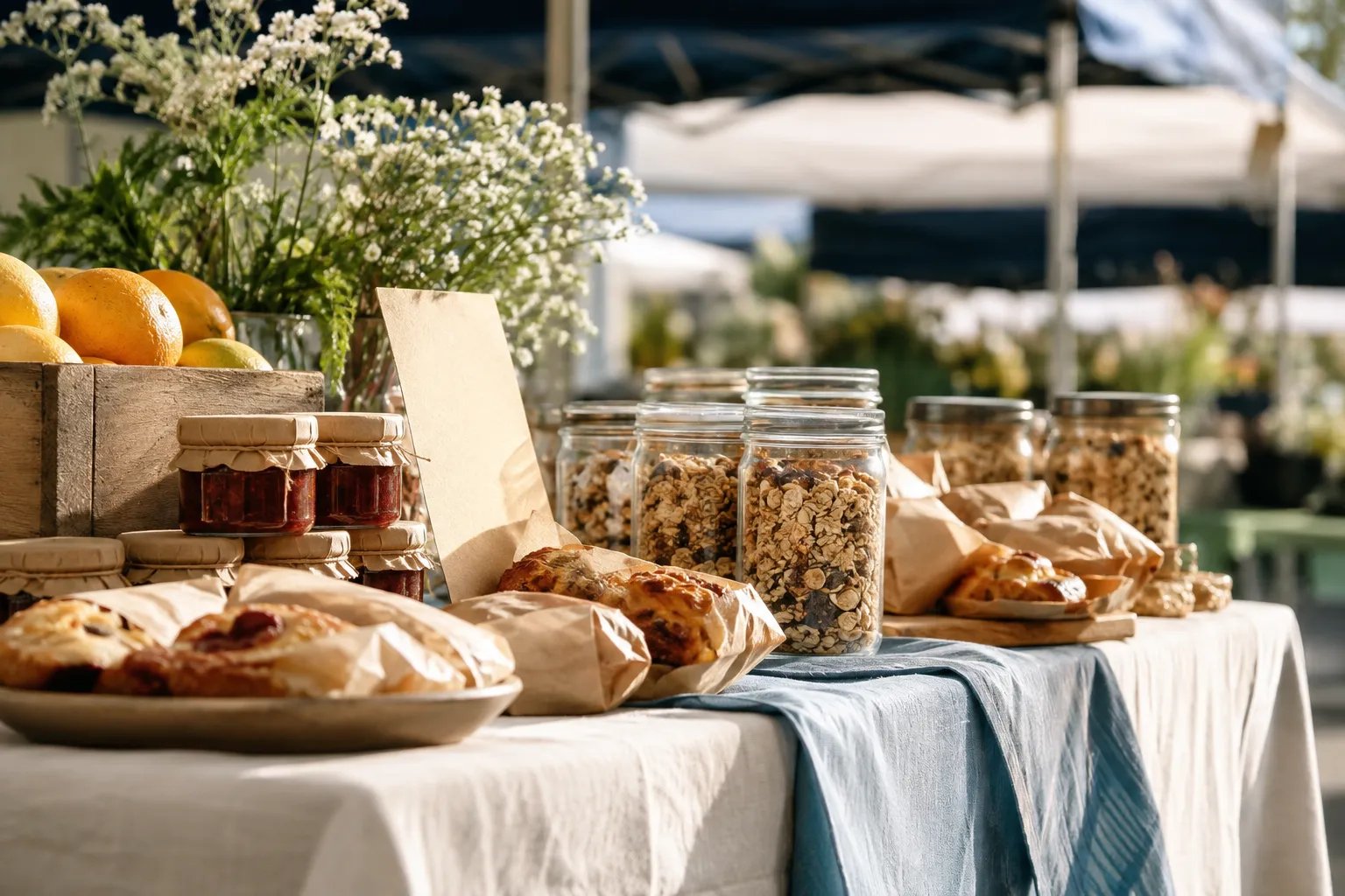 Wrapped baked treats on a farmers market table