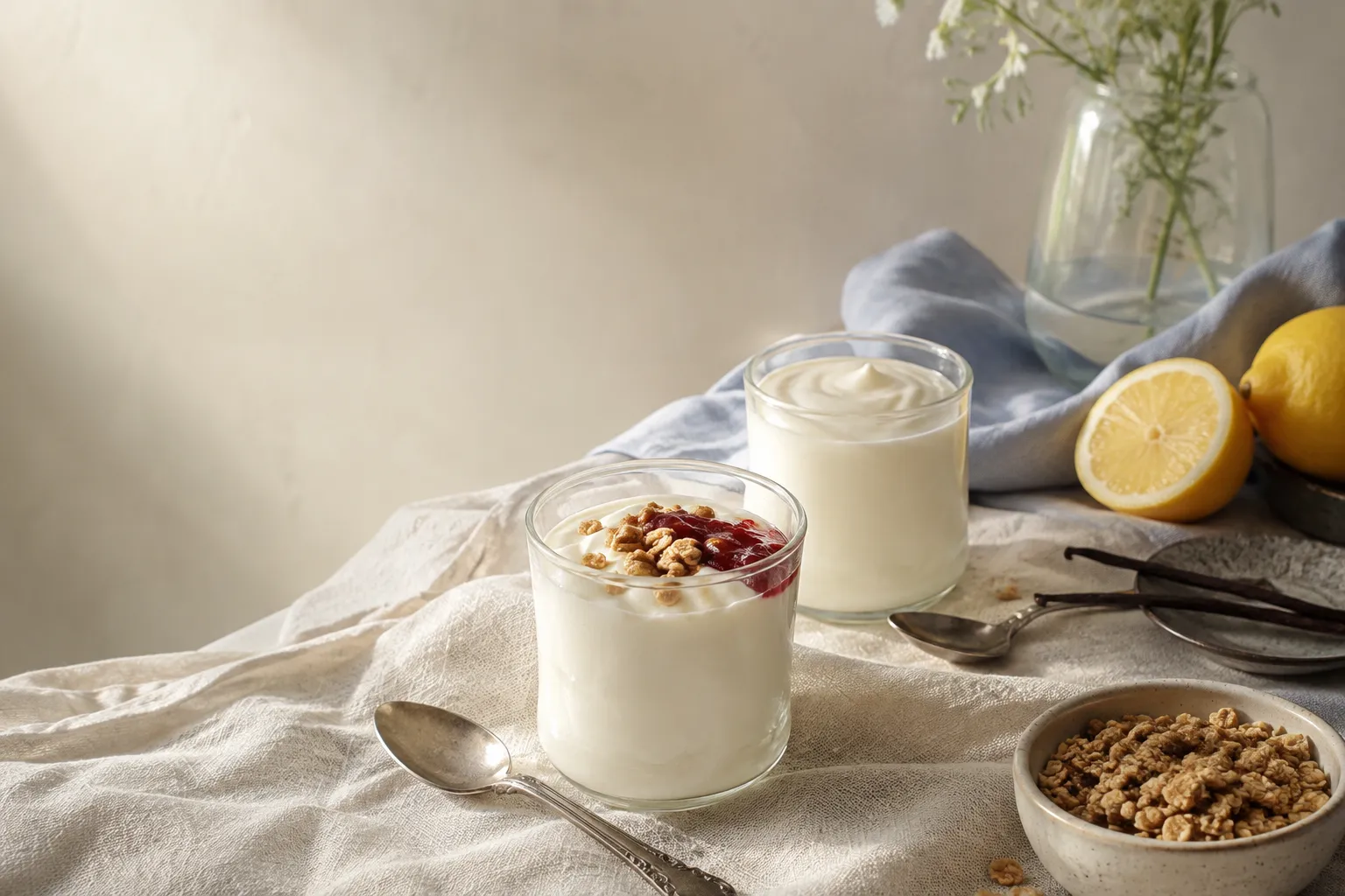 Glass yogurt vessels on ivory linen with granola, lemon and morning light